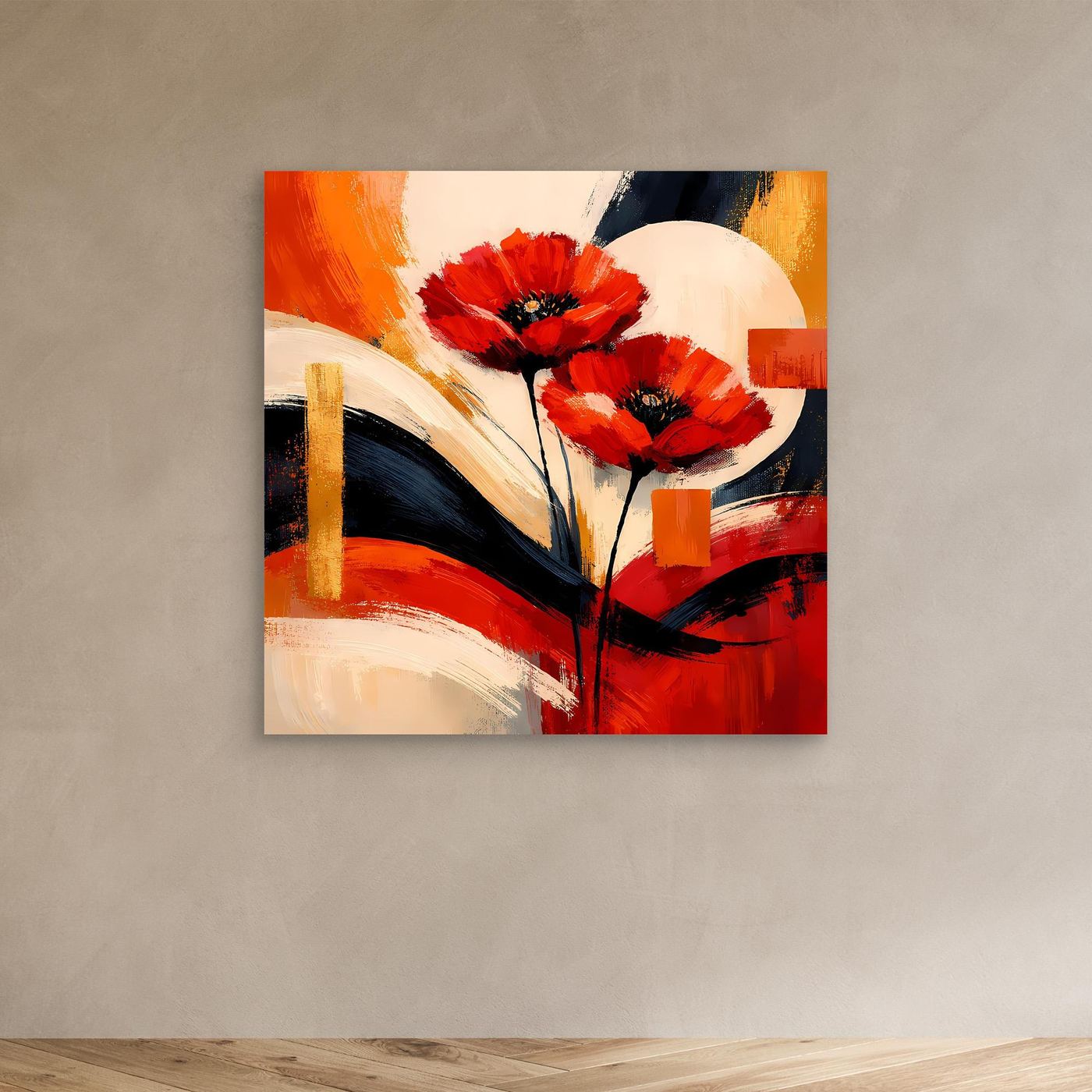 Abstraktes Leinwandbild mit roten Mohnblüten in kleinem Format, im schlichten Rahmen