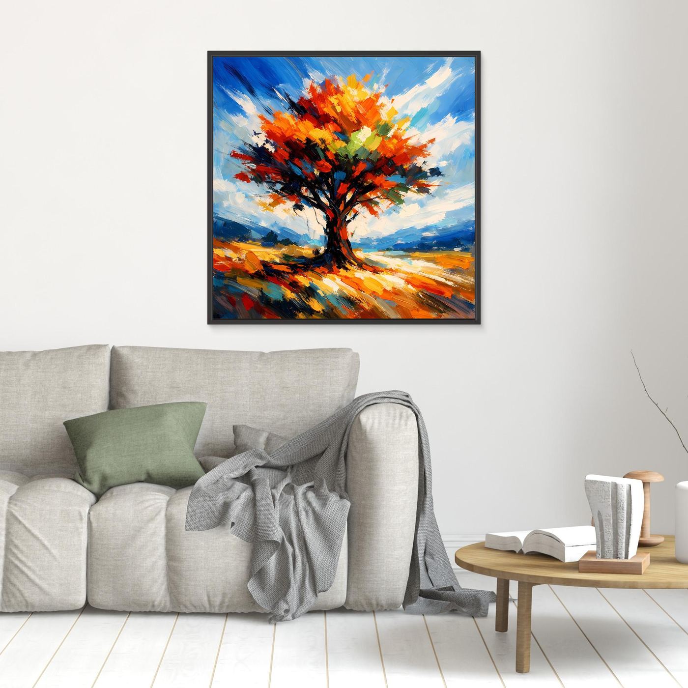 Kleines Leinwandbild mit Herbstbaum aus bunten Pinselstrichen, im dunklen Schwarzrahmen