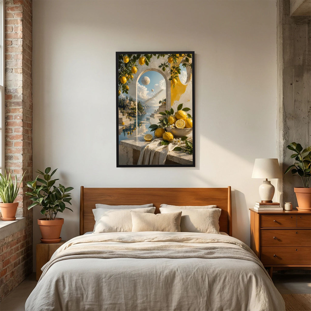 Kunstposter im Hochformat mit schwarzem Rahmen, Zitronenbouquet am Torbogen