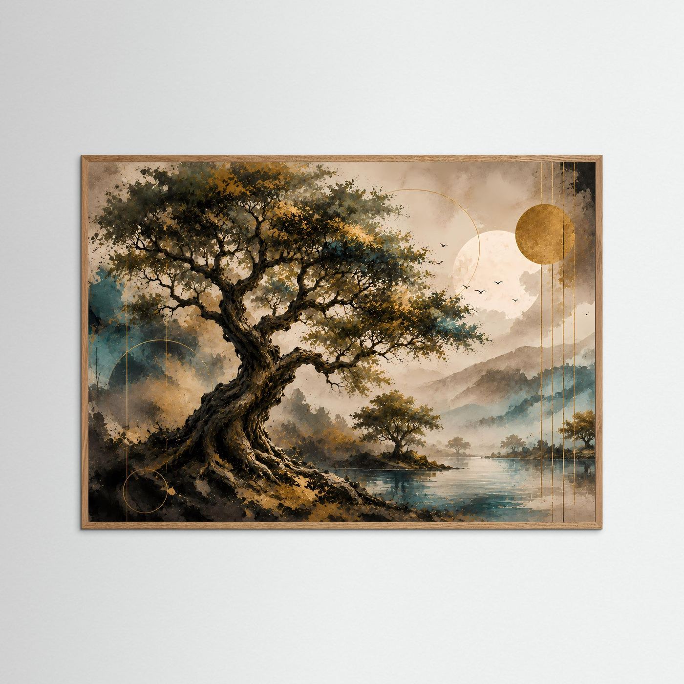 Querformat-Poster: großer Baum am Wasser in Gold und Petrol, naturfarbener Holzrahmen.