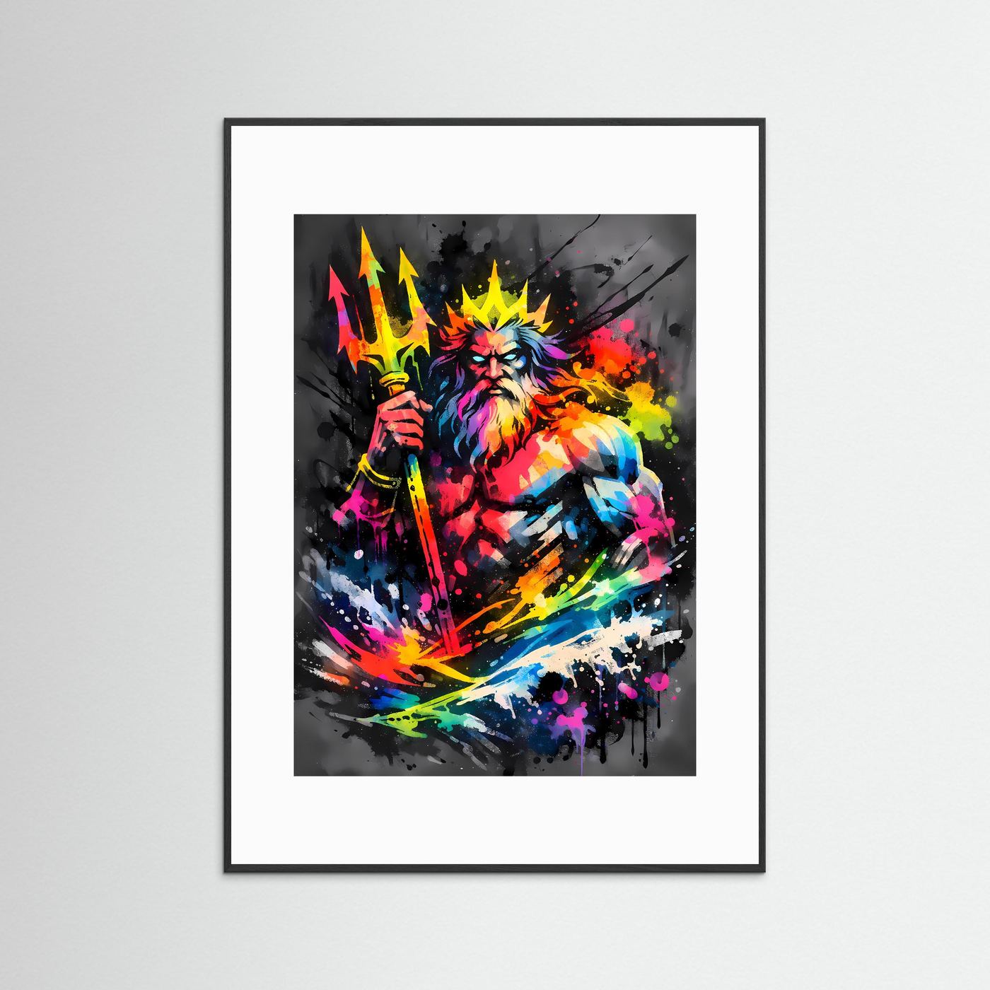 Herrscher der Meere | Abstraktes Poseidon & Neptun Mythologie Poster in Neonfarben | Modernes Gott Kunstposter Hochformat