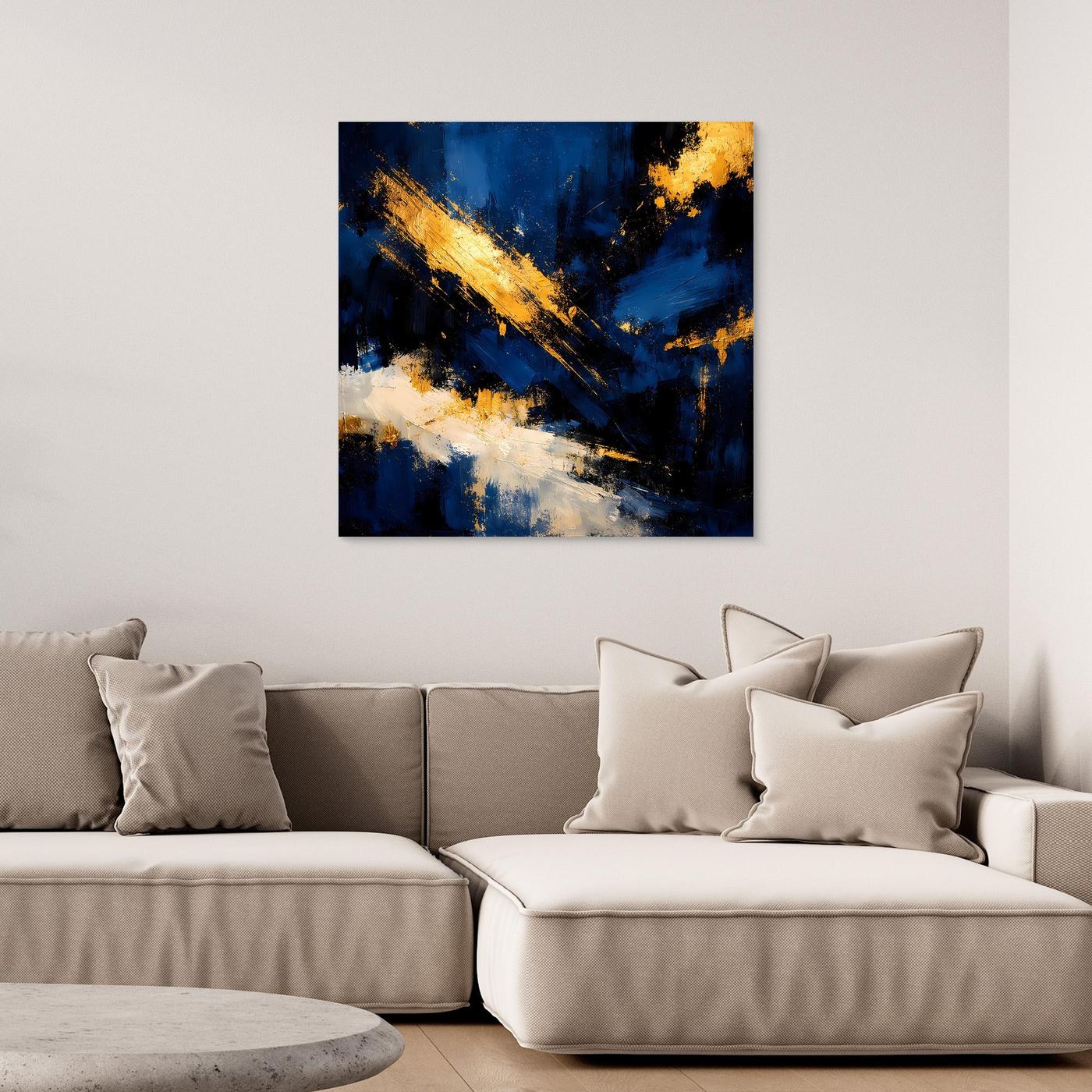 Leinwand Abstraktes Universum in Dunkelblau und Gold | Modernes Expressionistisches Wandbild