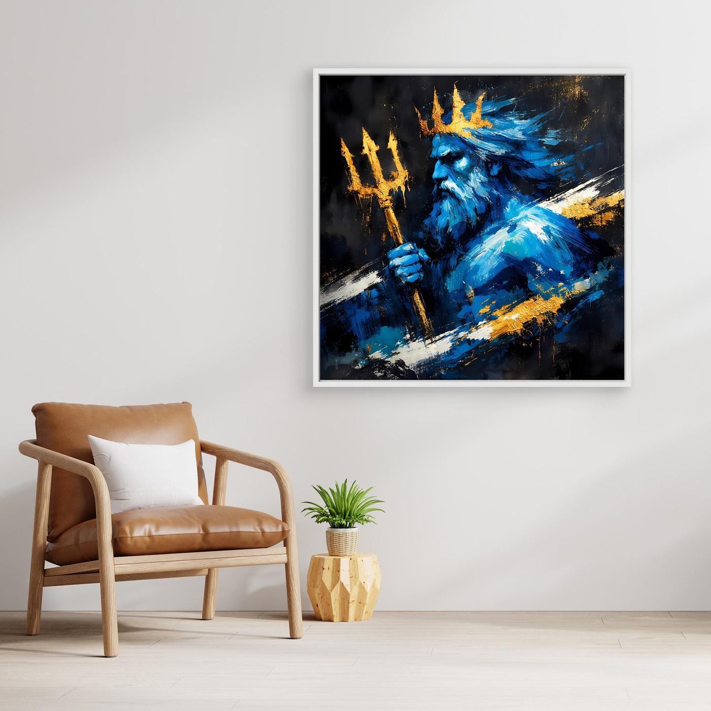 Leinwand Poseidon Gott des Meeres | Abstraktes Mythologie Wandbild Blau Gold