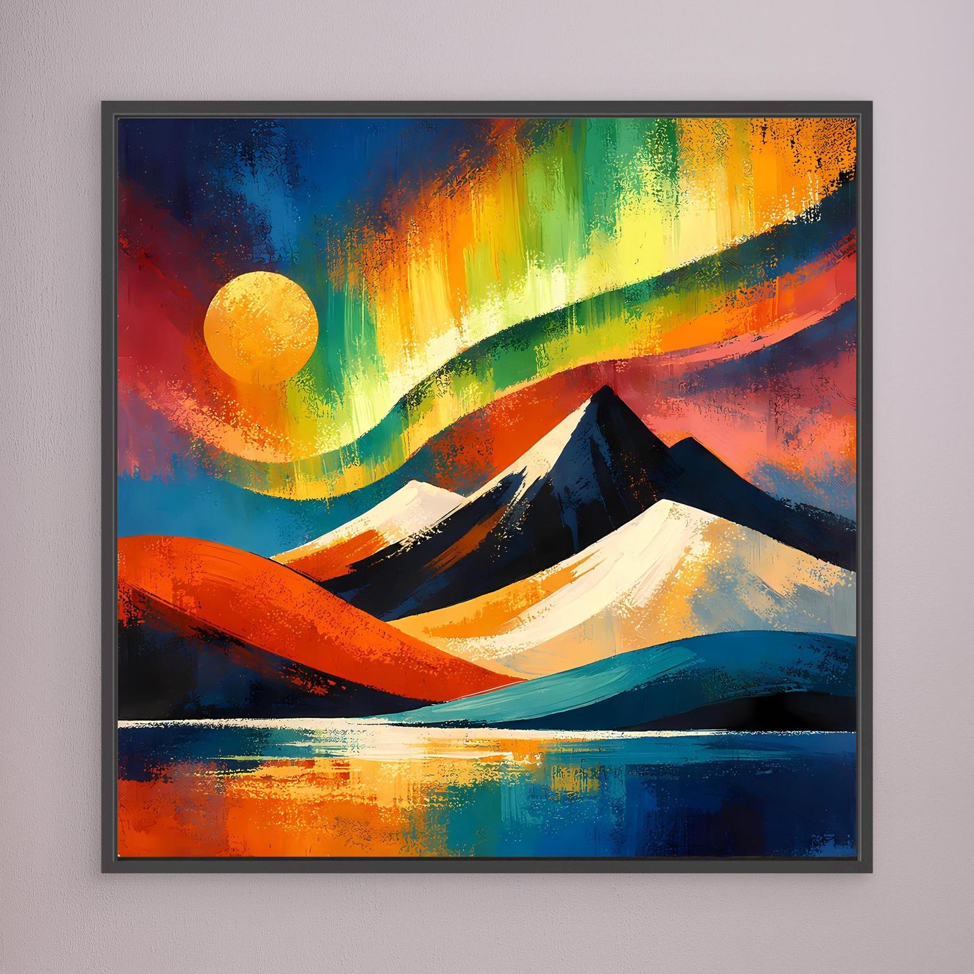 Gerahmtes Leinwandbild mit abstrakter Berglandschaft, Blau-Orange-Grün, dunkler Rahmen