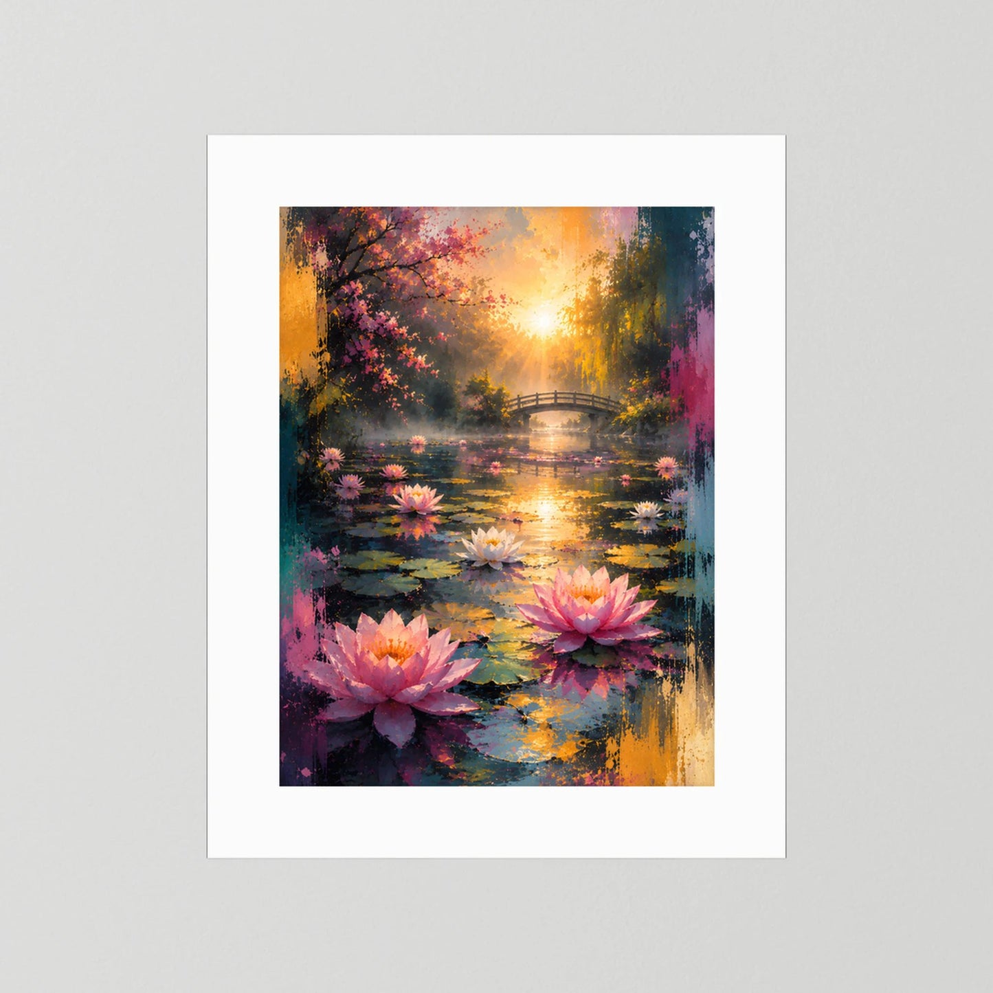 Poster im Hochformat ohne Rahmen: Seerosen auf See mit Brücke im Sonnenaufgang.