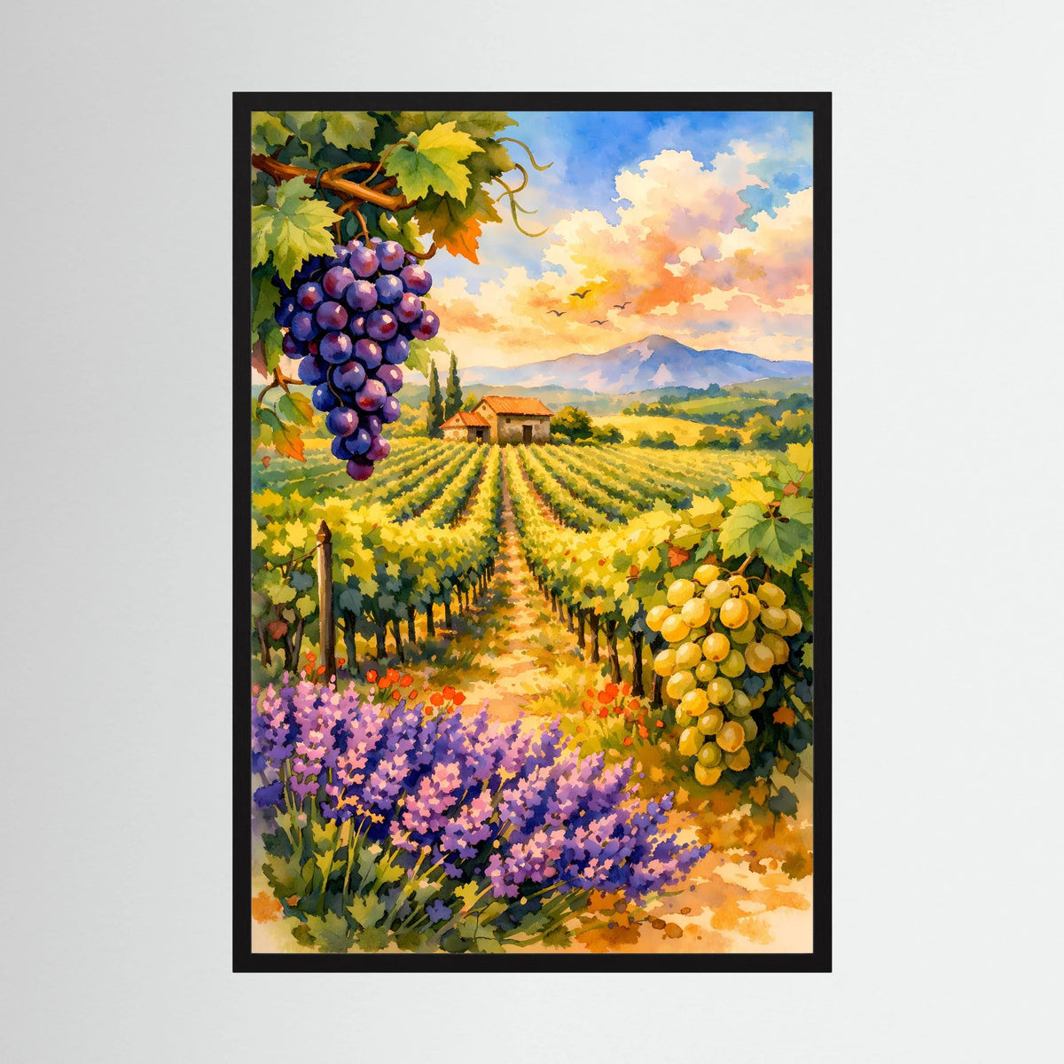 Poster Hochformat mit Weinberg, Trauben und Lavendelblüten, schwarze Einfassung