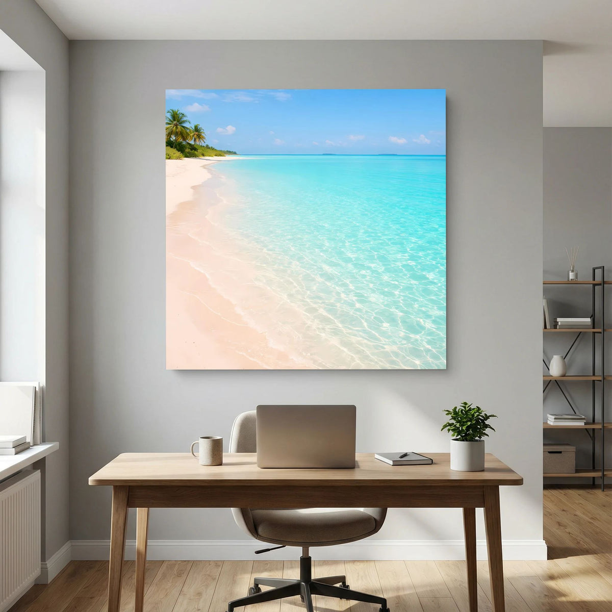Leinwandbild mit Küstenansicht: türkisfarbenes Meer, heller Sandstrand und Palme