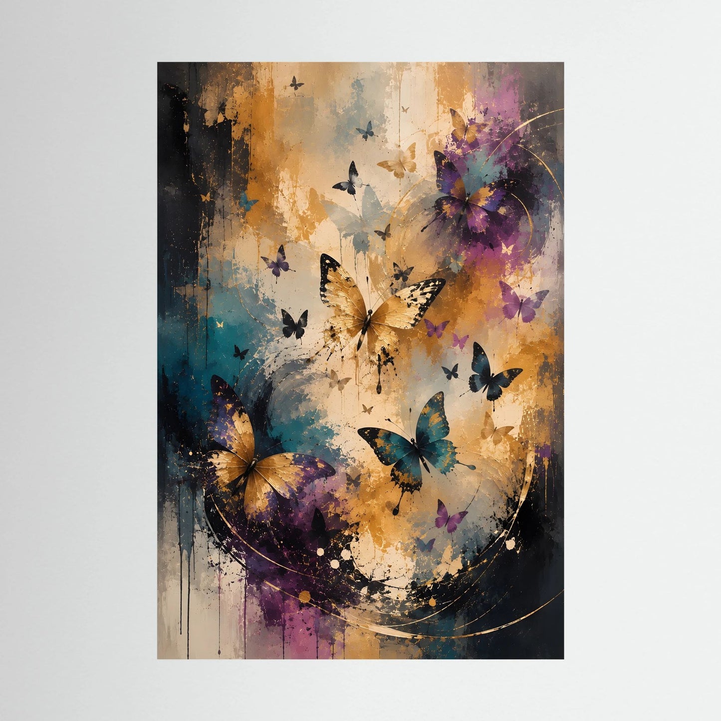 Hochformat-Poster mit Schmetterlingen in Gold-, Petrol- und Violetttönen, abstrakter Farbverlauf