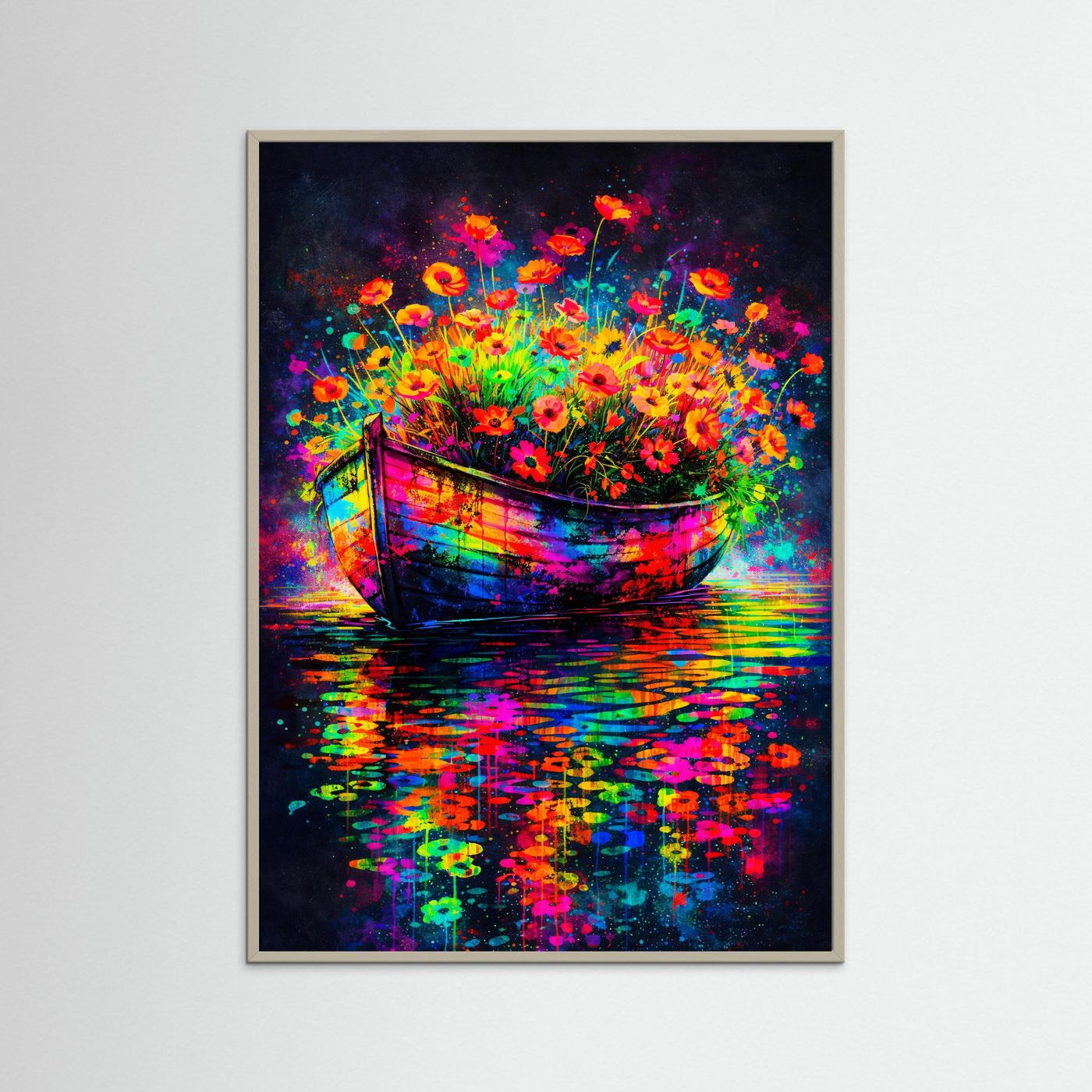 Abstraktes Blumenboot-Poster mit grauem Rahmen, Neonblumen im Boot und Spiegelung