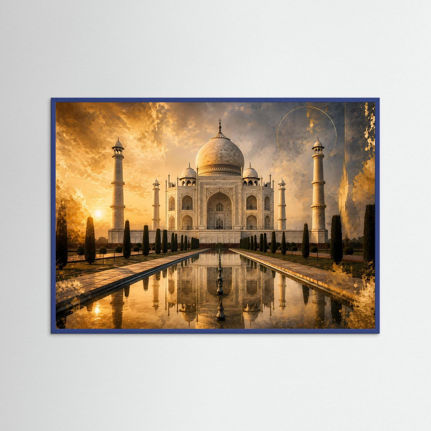 Poster mit Taj Mahal und Spiegelbecken, Kuppel und Minarette, blauer Rahmen