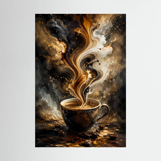 Hochformat-Poster mit Kaffeetasse und abstraktem Farbwirbel in Dunkel, Creme und Gold.