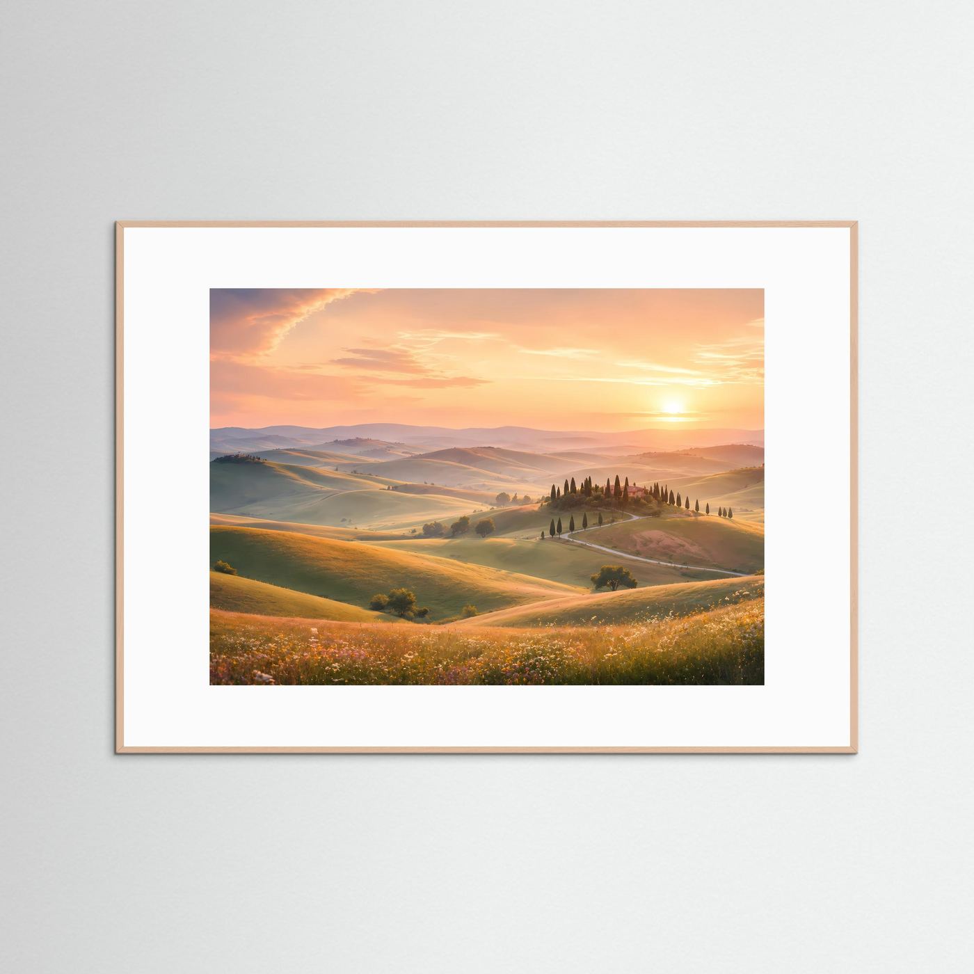 Landschaftsposter Querformat: Sonnenuntergang über Hügeln mit Zypressen, roséfarbener Rahmen