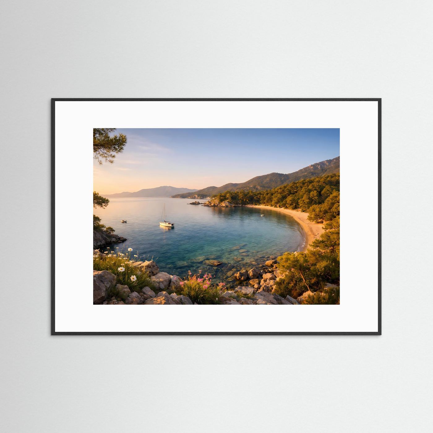 Idyllische Mittelmeer-Bucht bei Sonnenuntergang | Panoramabild & Natur-Poster Querformat