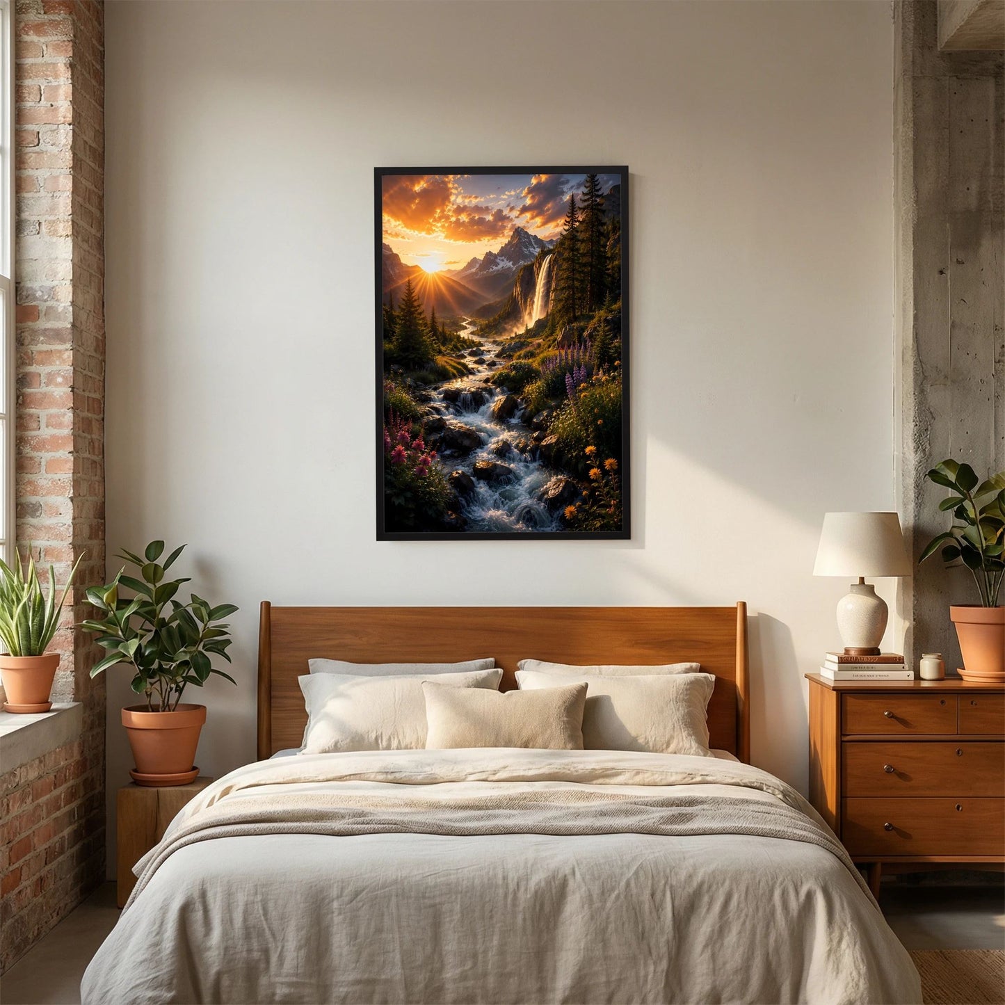Bergwasserfall im Sonnenuntergang | Alpenlandschaft mit Wildblumen & Gebirgsbach | Poster Hochformat