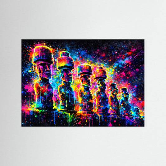 Wandbild mit Neon-Moai-Statuen in bunten Farbspritzern, schwarzer Rahmen