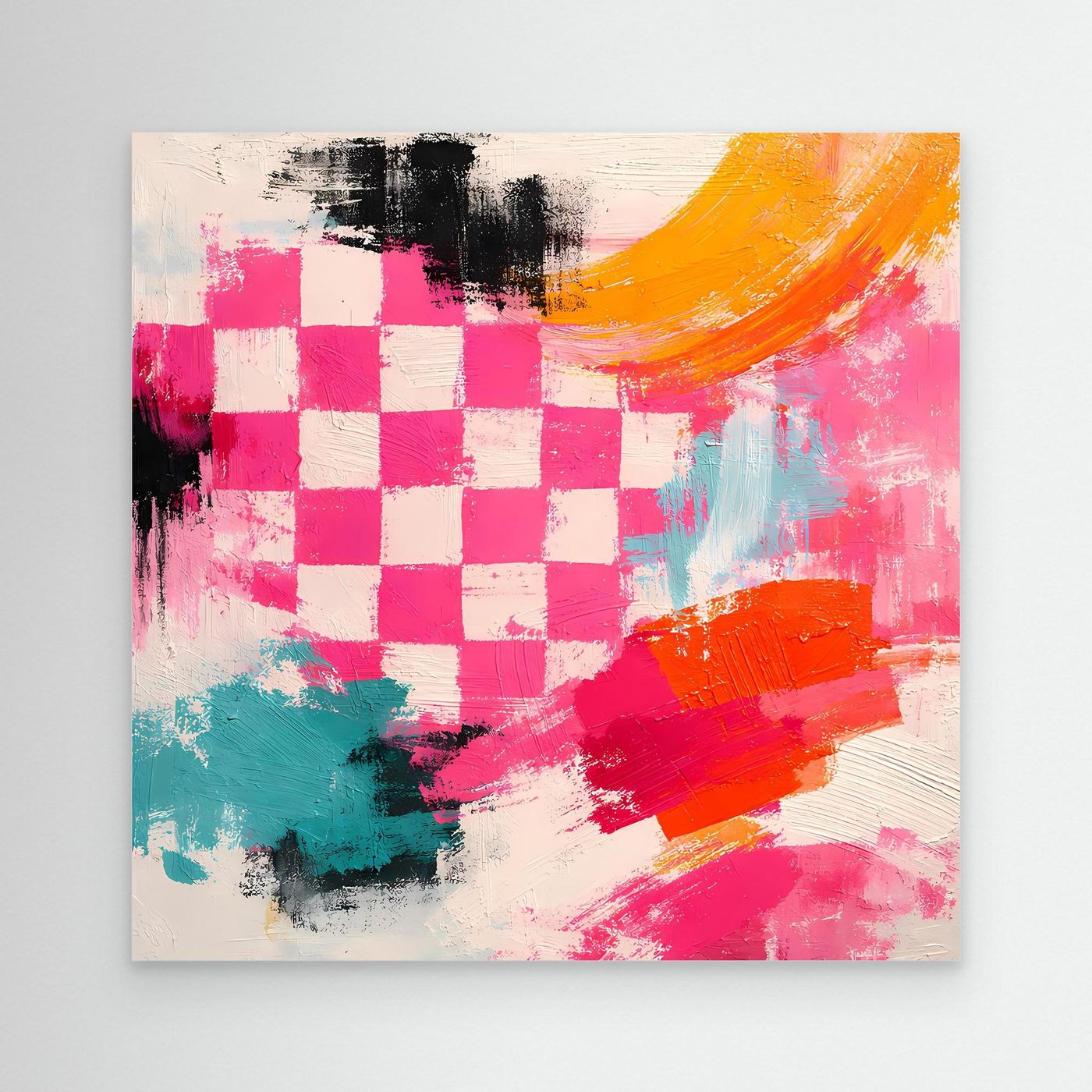 Leinwand-Wandbild mit Schachbrettmuster in Pink, Orange, Türkis und Schwarz/Weiß