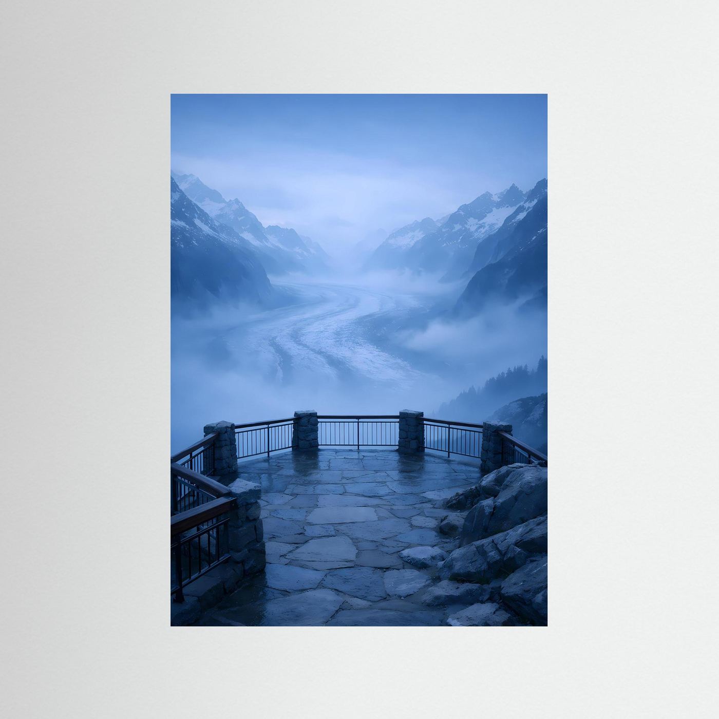 Gletscherposter mit Aussichtsterrasse, Gletscher und Bergen in tiefen Blautönen, Hochformat