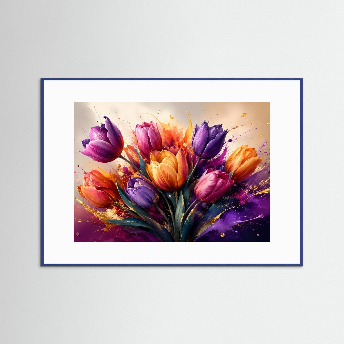 Tulpen Poster | Bunte Blumen Wandkunst | Moderne Abstrakte Tulpen mit Gold | Elegantes Florales Wandbild