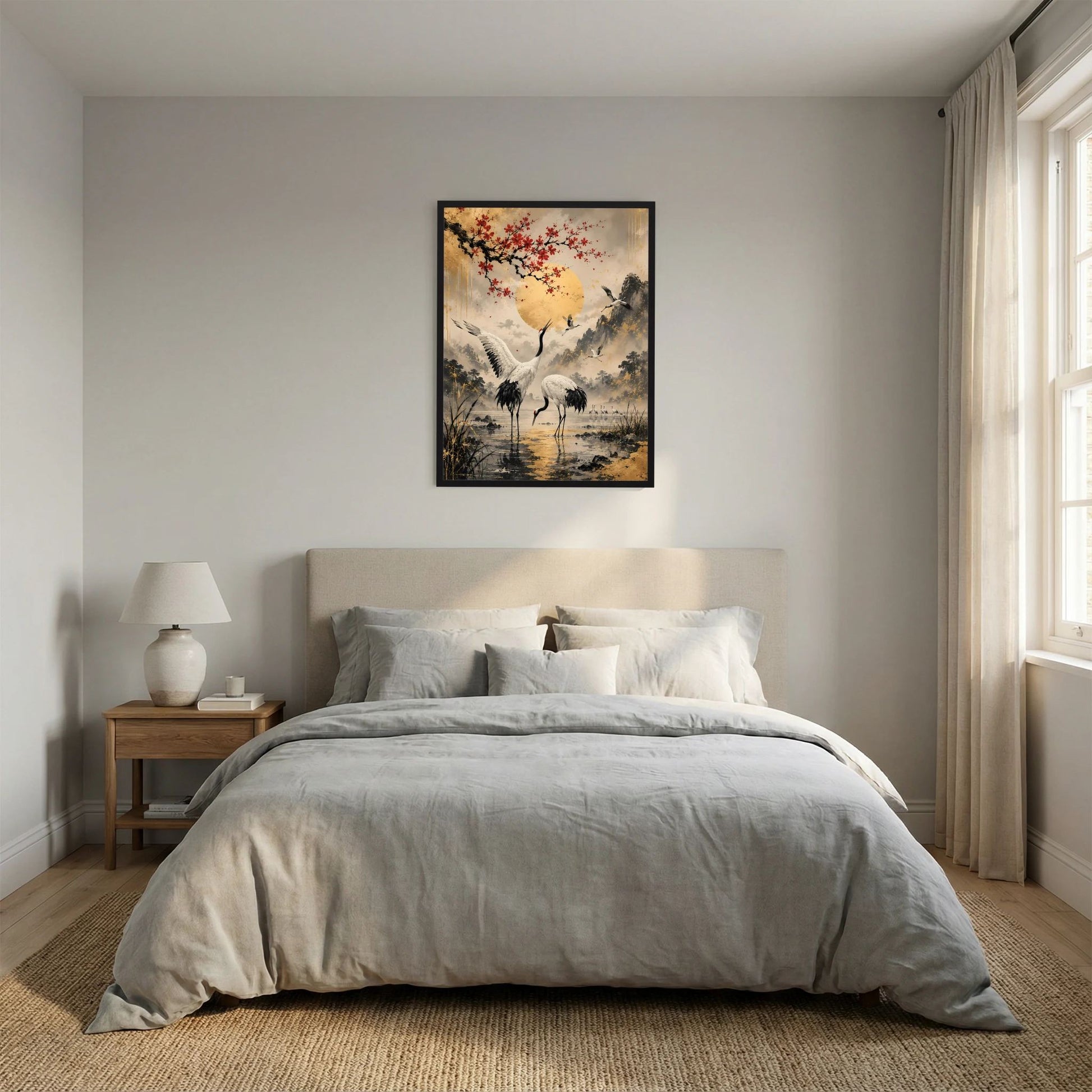 Gerahmtes Poster mit Kranichen, goldener Sonne und roten Blüten über Wasser und Nebel