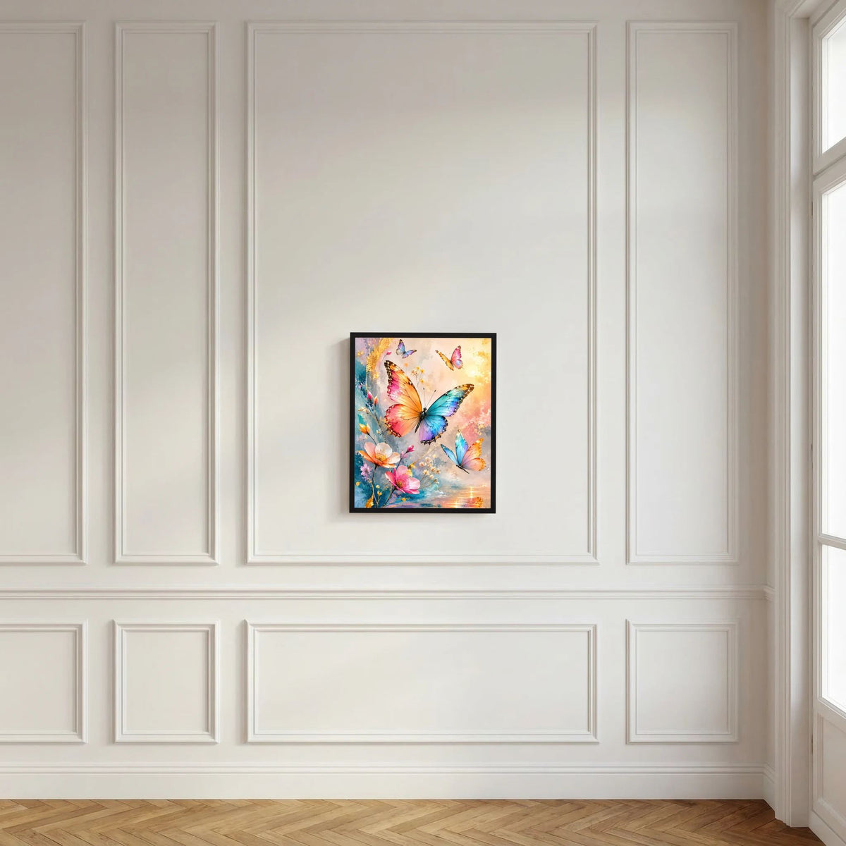 Wandposter mit bunten Schmetterlingen und Blumen in Pastell, im schwarzen Rahmen