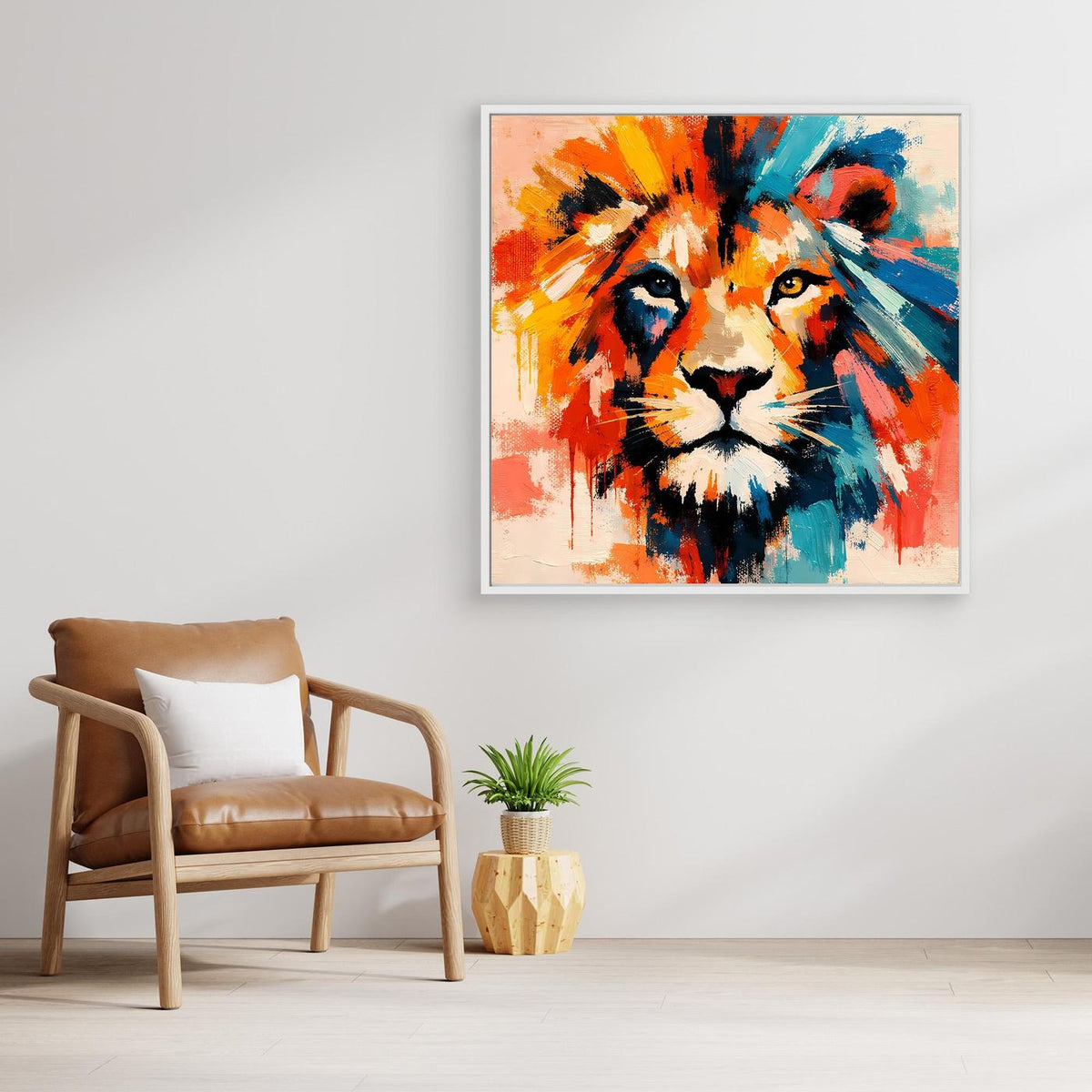 Quadratisches Leinwandbild mit abstraktem Löwenkopf, orange und blau, mit weißem Rahmen
