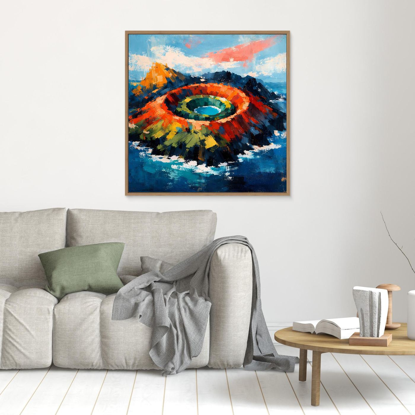 Kleines gerahmtes Leinwandbild mit Vulkankrater im Meer, Holzrahmen, bunte Ringfläche.