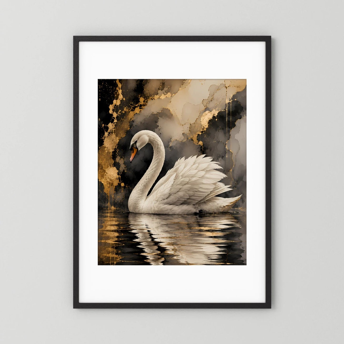 Gerahmtes Poster mit weißem Schwan im Wasser, Gold-Schwarz-Abstraktion, schwarzer Rahmen, Rand