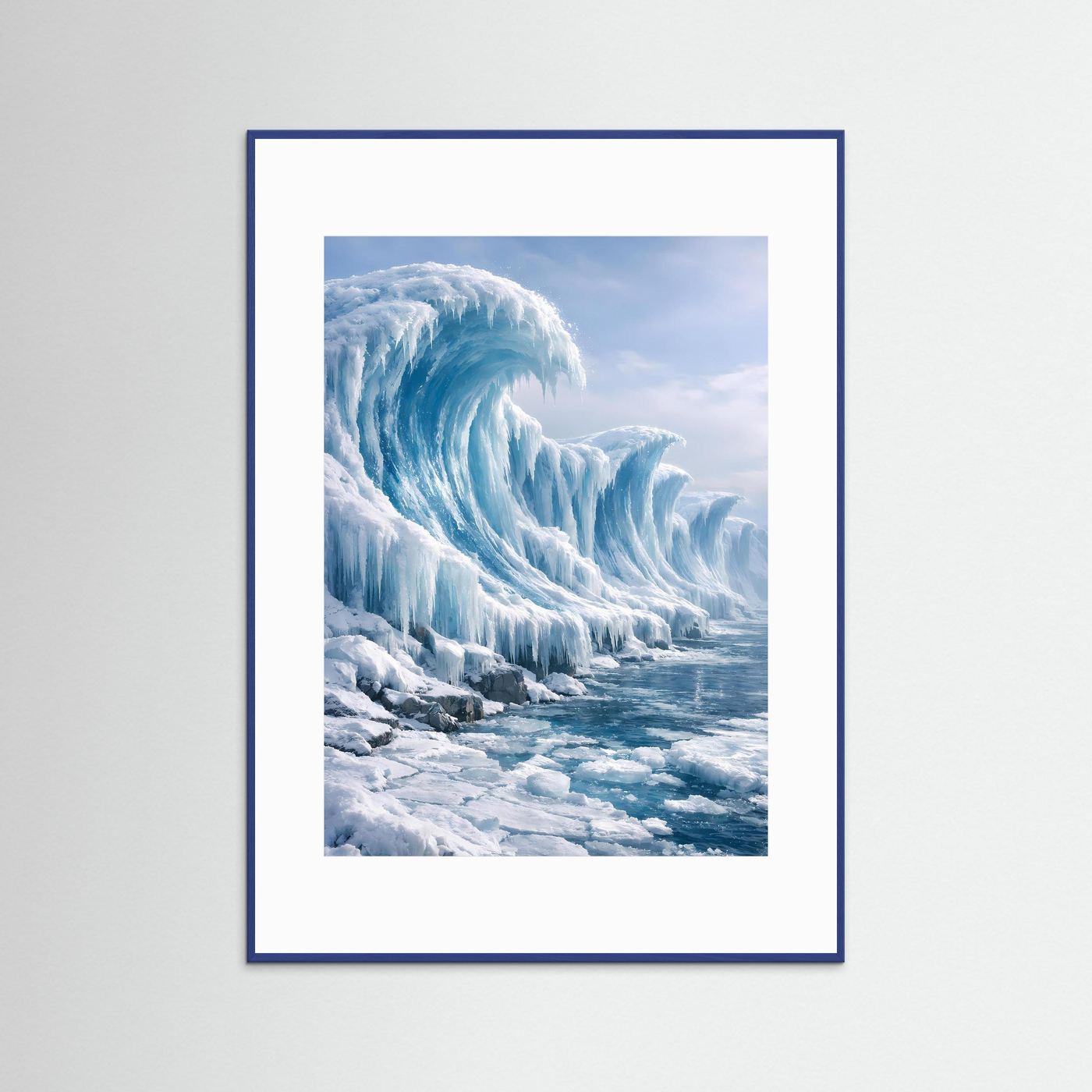 Hochformatiges Poster mit arktischer Eiswelle in Blau, blauem Rahmen