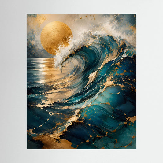 Kunstposter im Hochformat mit abstrakter Meereswelle in Petrol, Türkis und Gold