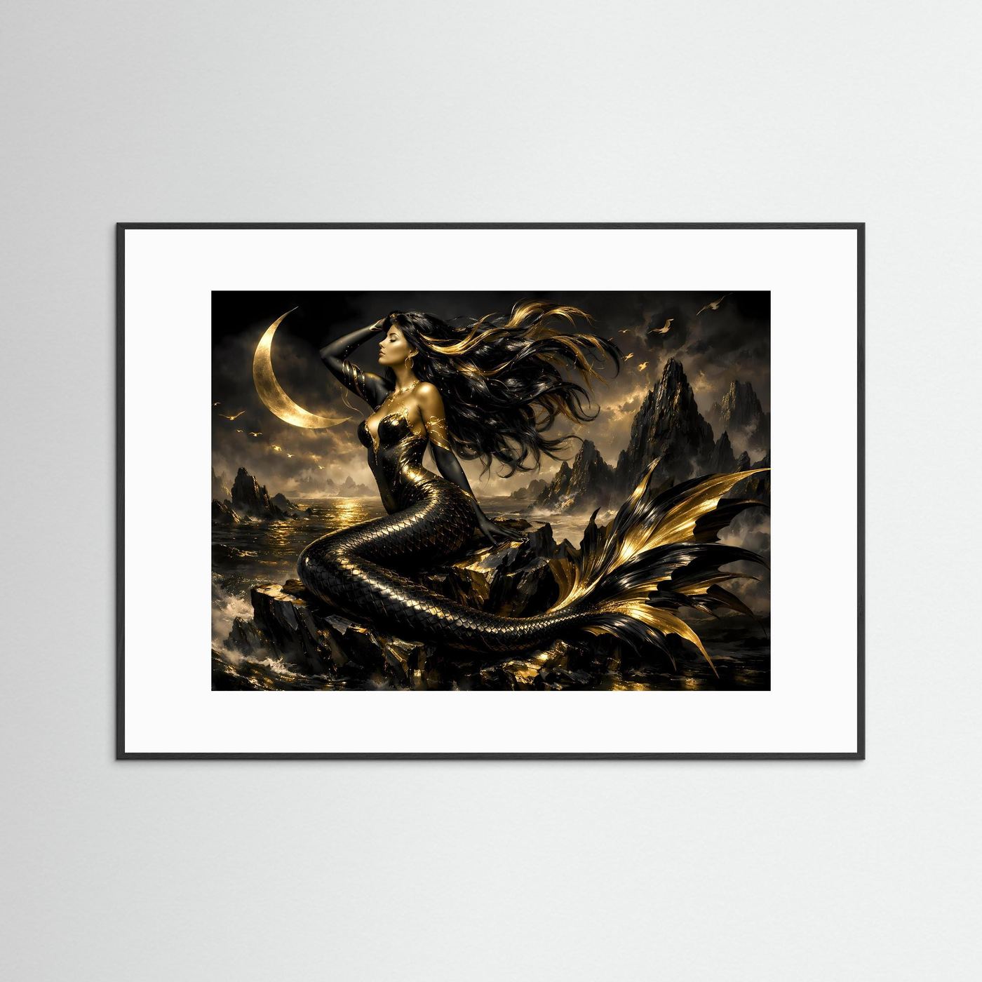 Poster mit Meerjungfrau-Fantasymotiv in schwarzem Holzrahmen