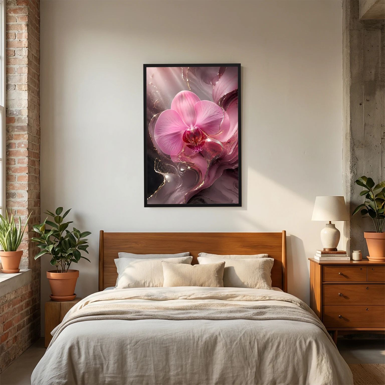 Orchideenposter mit rosa Blüte und goldenen Akzenten im schwarzen Rahmen
