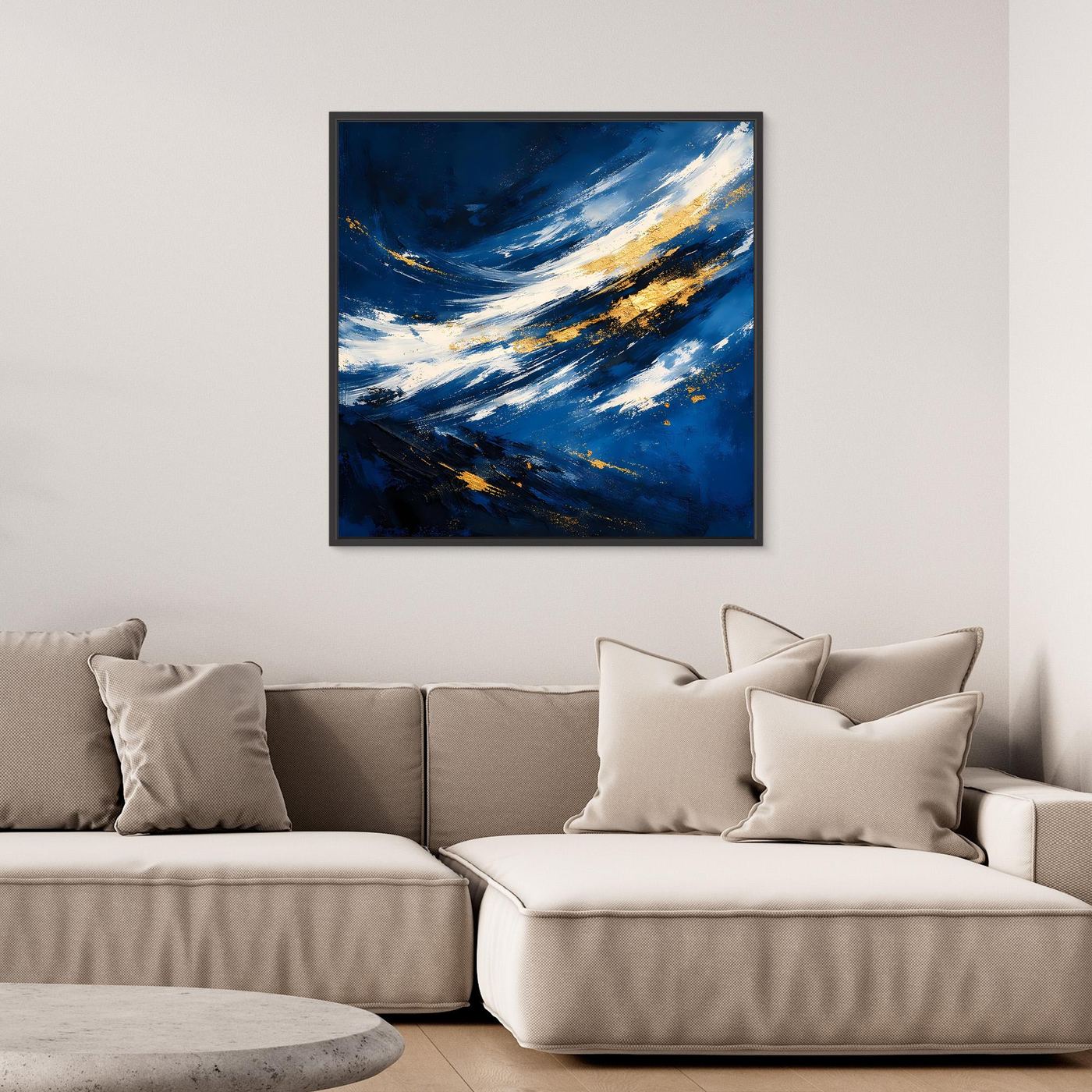 Leinwand Abstraktes Meeresgemälde in Dunkelblau und Gold | Modernes Ozean Wandbild