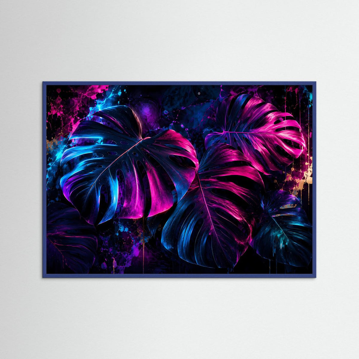 Neon-Monstera-Wandbild im grauen Rahmen, neonartige Monstera-Blätter in Pink und Blau