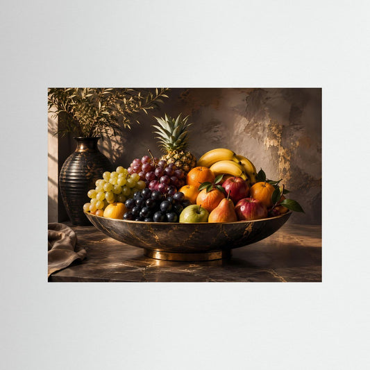 Poster mit Obststillleben: goldene Schale mit Trauben, Äpfeln und Bananen