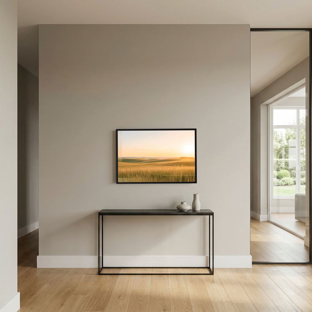 Wandposter im Querformat mit Wiesenlandschaft bei Sonnenuntergang, schwarzer Rahmen