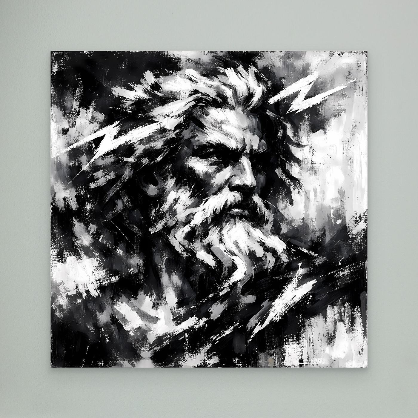 Unframed abstract Zeus wall print in black and white with strong contrast lightning