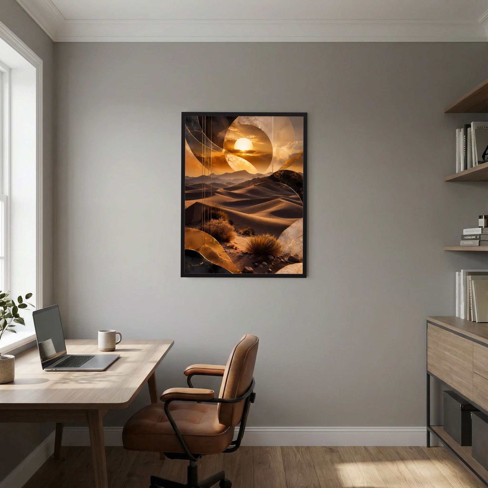 Hochformat-Poster mit goldenem Wüstenmotiv, Sonnenkreis über Dünen, schwarzer Rahmen