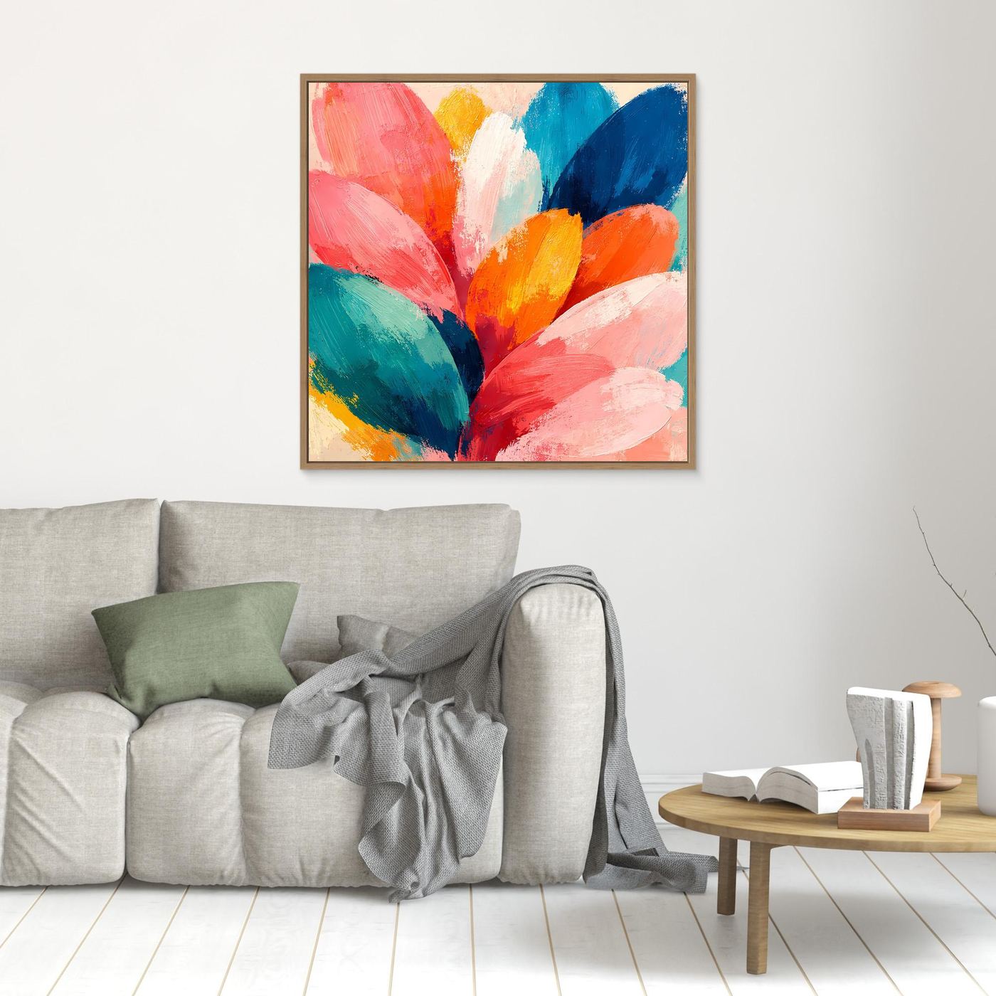 Kleines abstraktes Blütenbild auf Leinwand, bunte Pinselstriche, goldener Rahmen