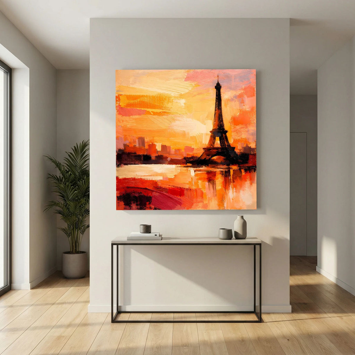 Leinwand Abstraktes Eiffelturm Paris Gemälde | Modernes Romantisches Wandbild Sonnenuntergang