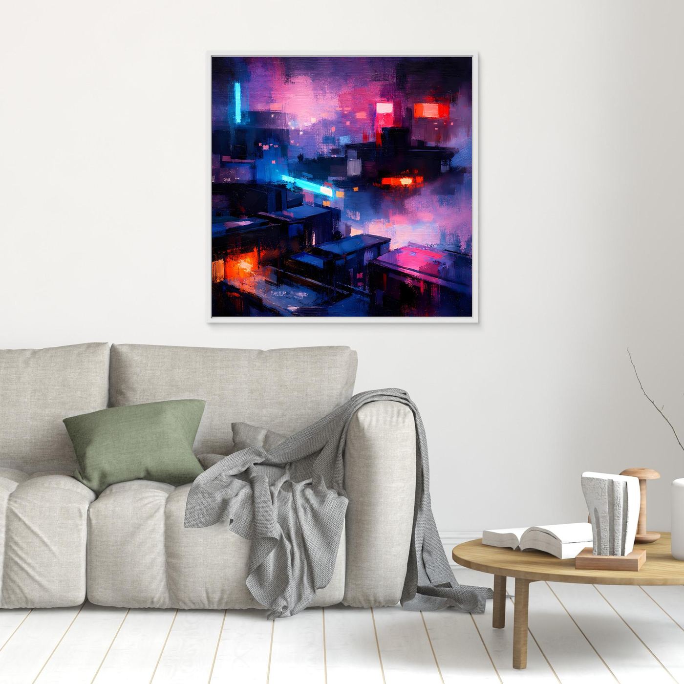 Leinwand Cyberpunk City bei Nacht | Modernes Neon-Dystopie Wandbild auf echter Leinwand