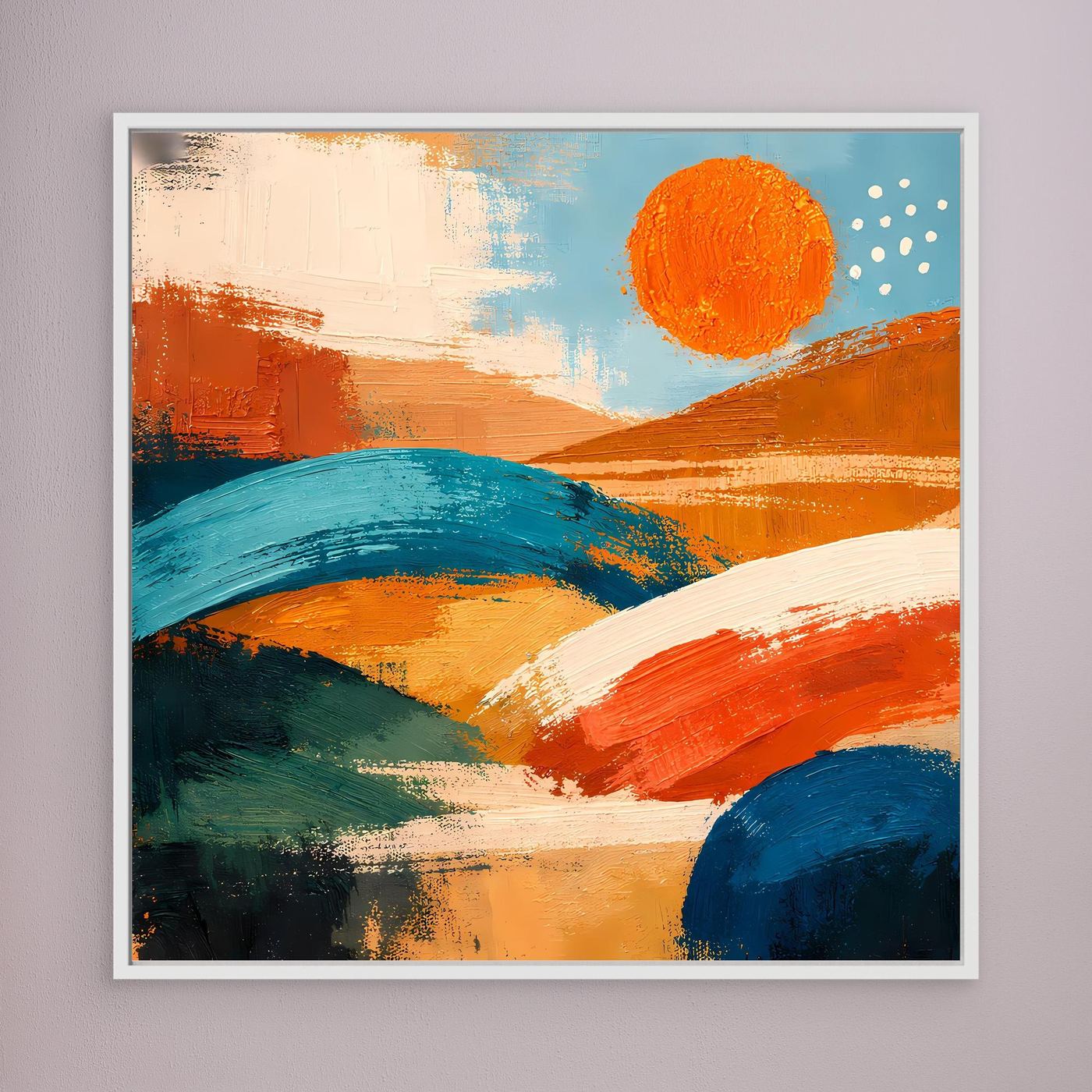 Framed canvas wall art with white frame, abstract orange and blue hills and orange sun