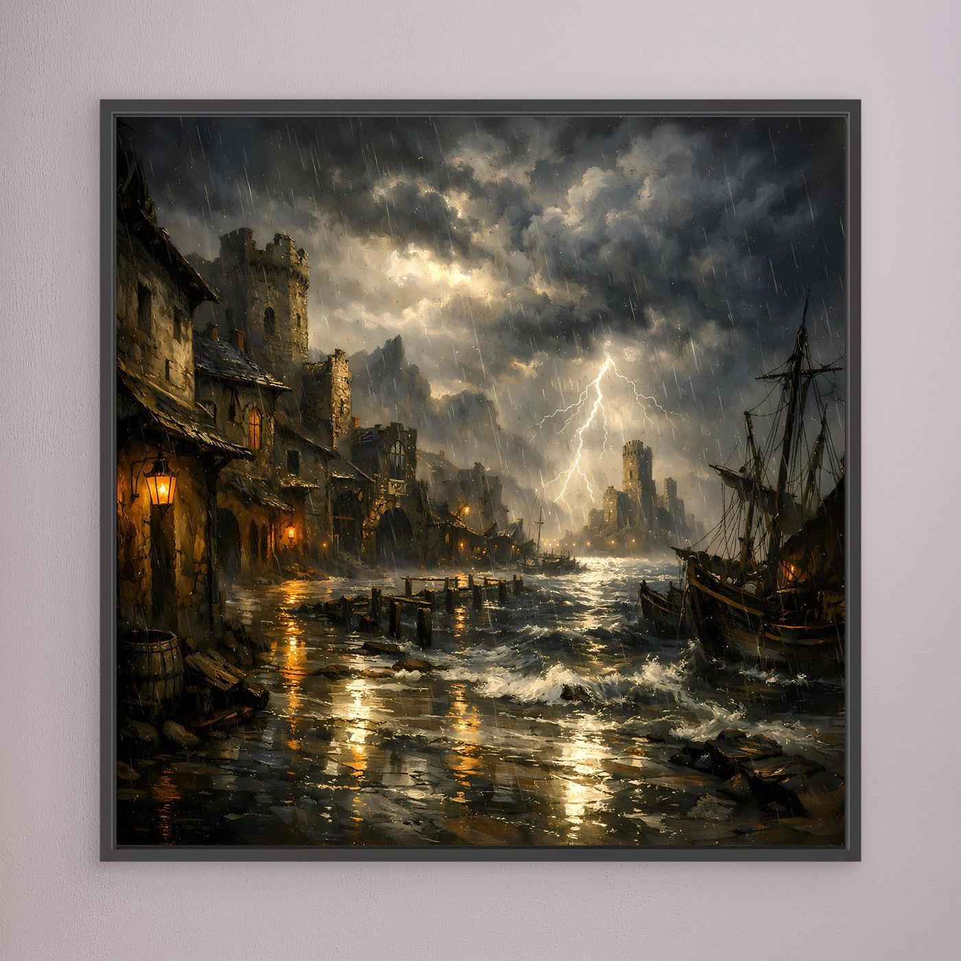 Leinwandbild mit Gewitter über dem Hafen: Blitz über dem Meer, stürmische Boote, schwarze Einfassung