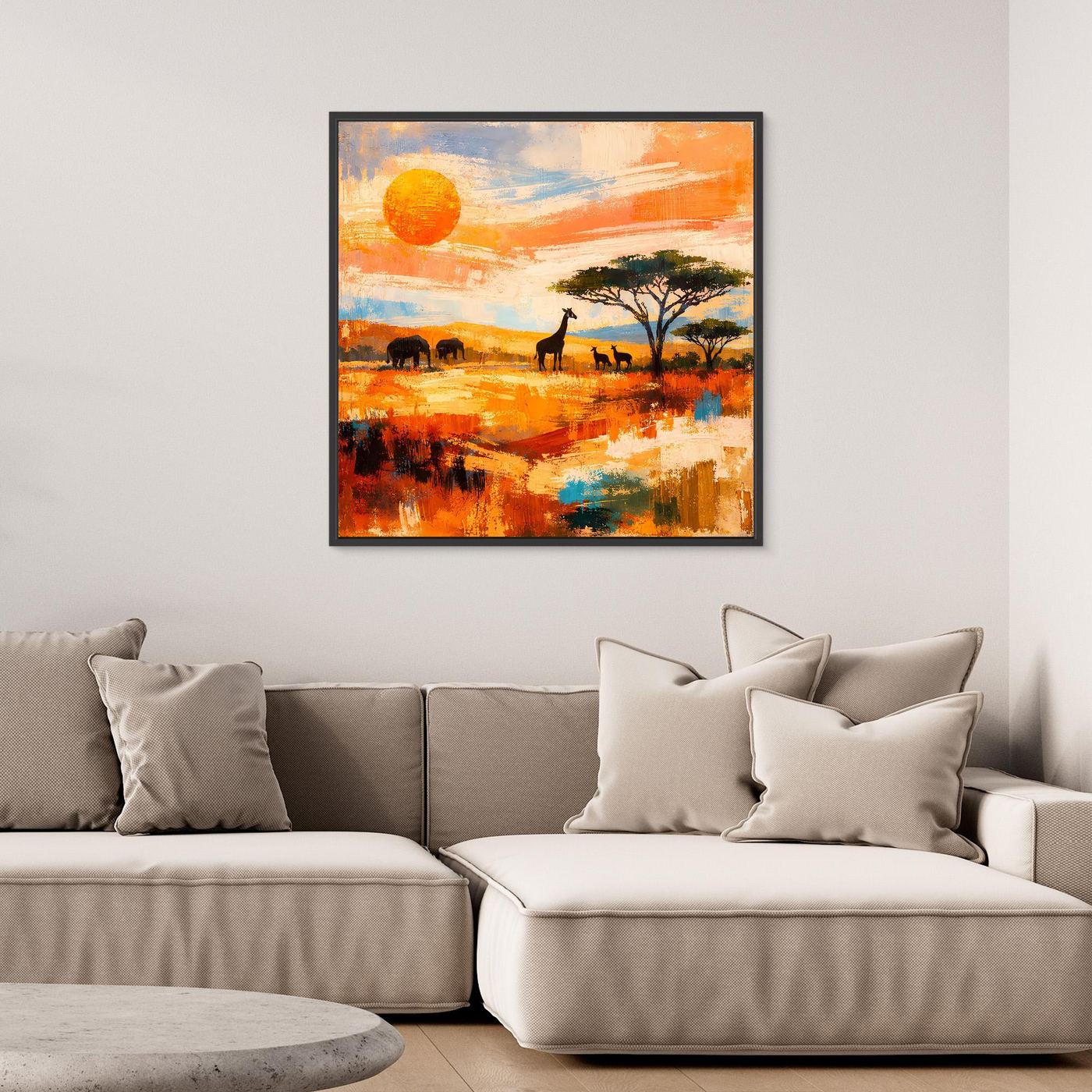 Gerahmtes Leinwand-Wandbild mit Savannen-Szene: Tiere, Akazienbaum, orangefarbene Farbflächen.