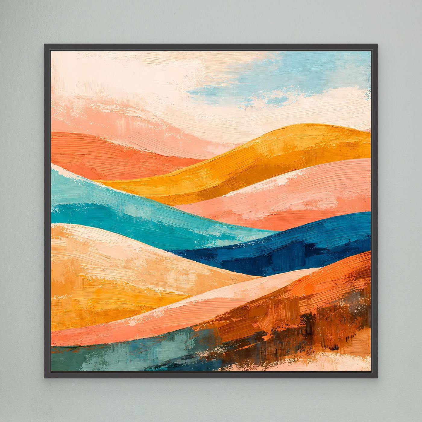Abstract landscape wall art with orange, teal, and blue rolling waves, black frame