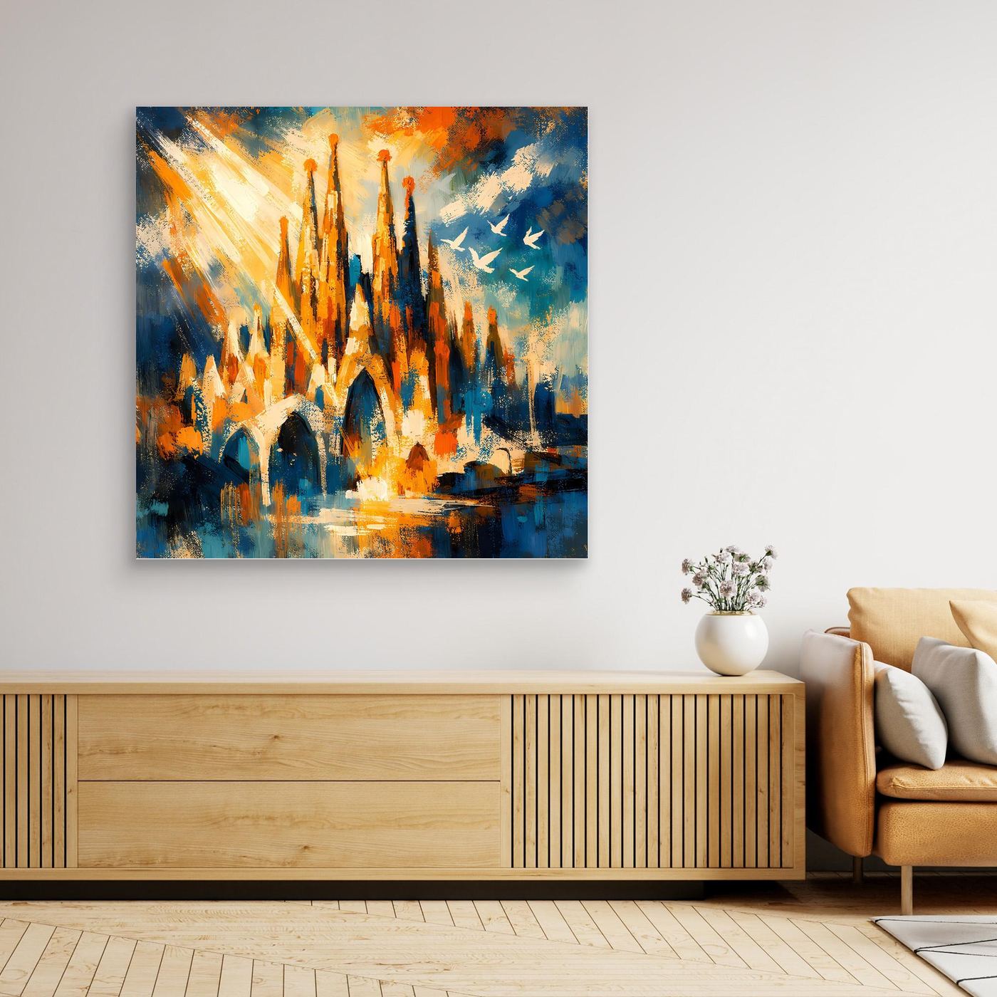 Abstraktes Leinwandbild mit braunem Rahmen, Architekturmotiv mit leuchtenden Türmen in Blau und Orange.