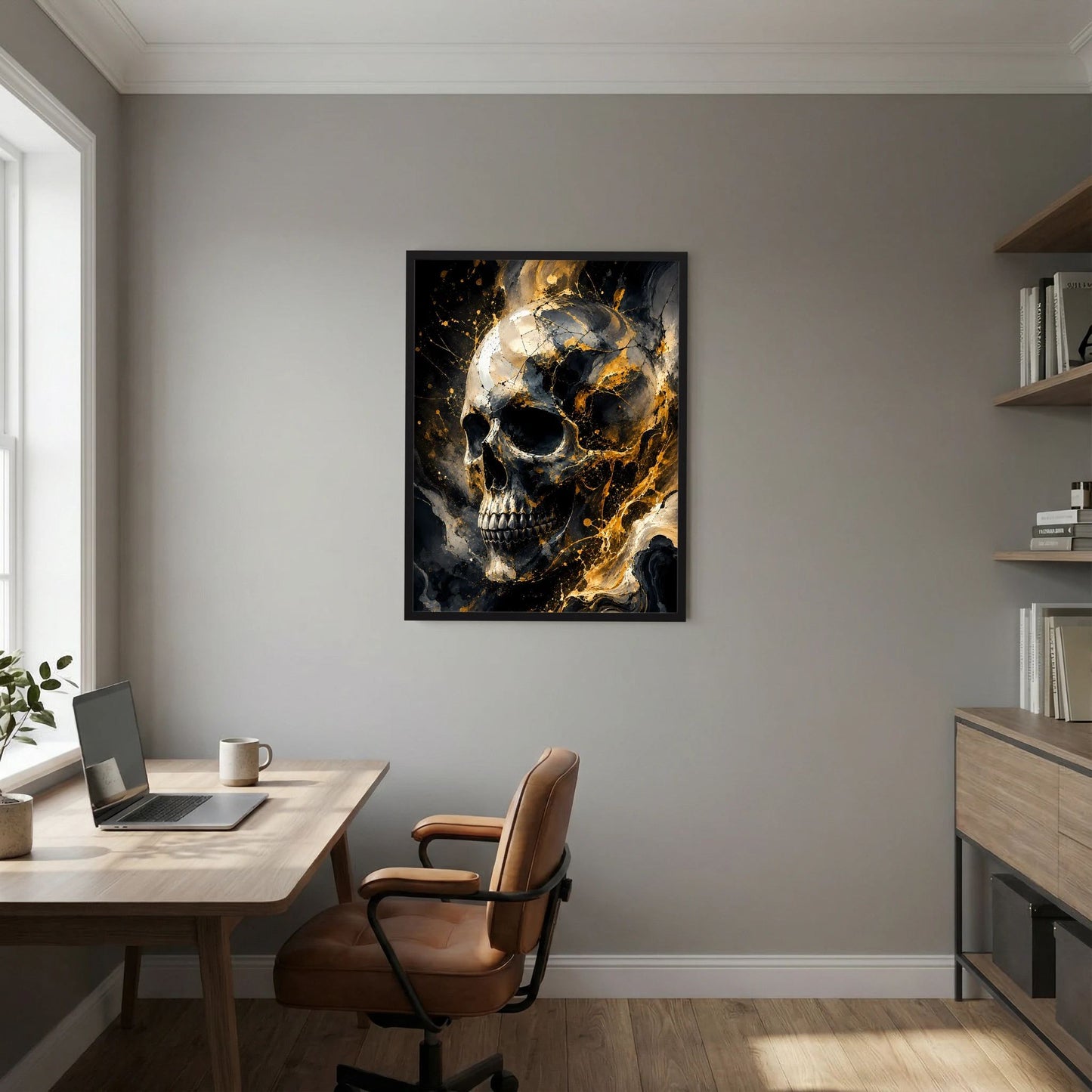Hochformat-Wandposter mit abstraktem Totenkopf, Schwarz & Gold, schwarzer Rahmen
