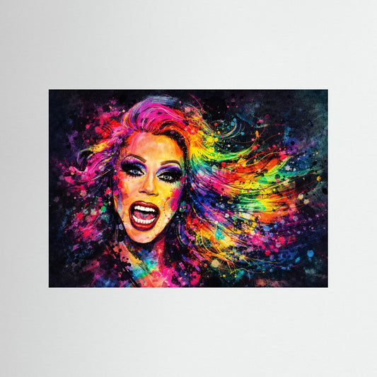 Buntes Pop-Art-Frauenporträt mit leuchtenden Haaren, breite Querformat-Grafik.