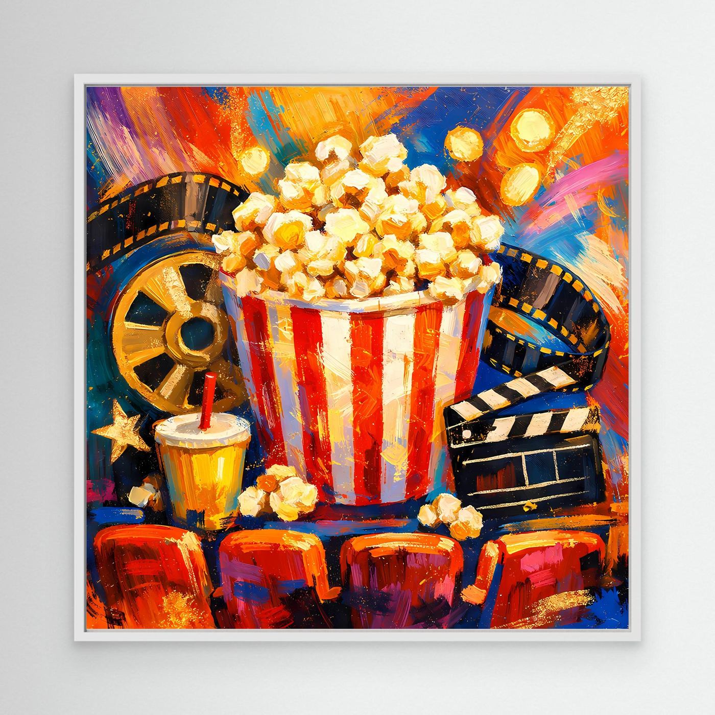 Leinwandbild mit Popcornbecher (rot-weiß) und Filmstreifen, weißer Rahmen