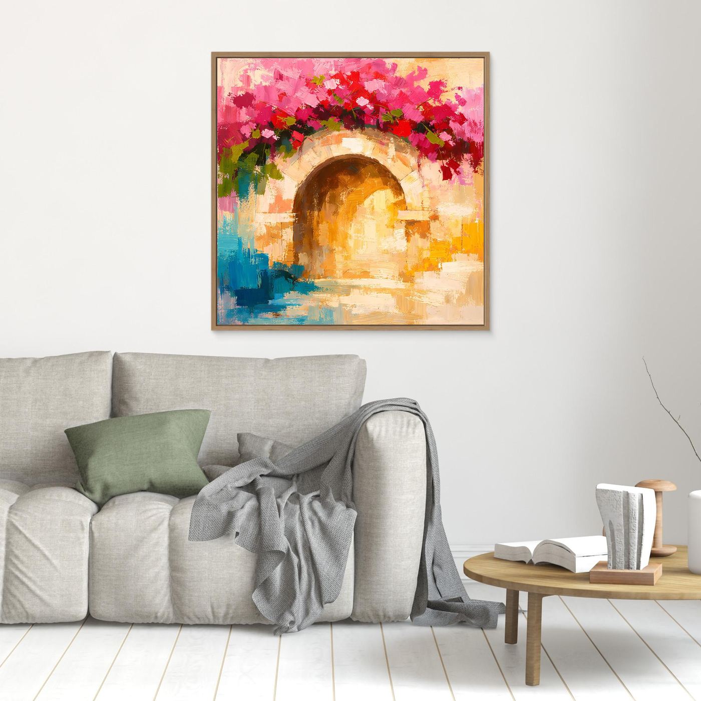 Leinwand Abstrakter Torbogen mit Bougainvillea | Modernes Mediterranes Wandbild Italien