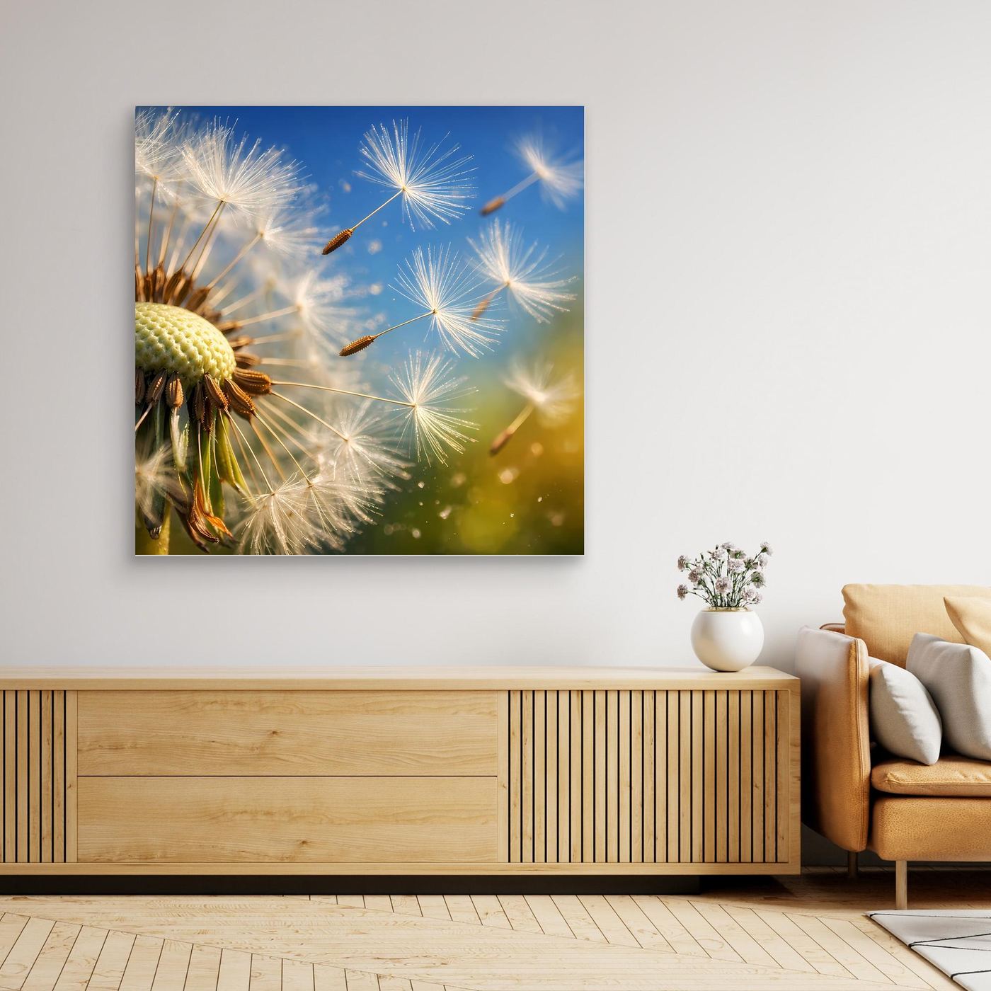 Leinwandbild mit Löwenzahn-Pusteblumen im Makro, gelb-grün und weiß, blauer Hintergrund